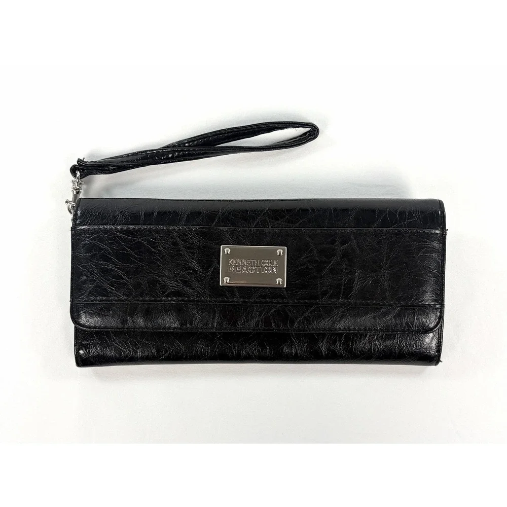 Kenneth Cole Reaction Black Faux Leather Clutch Wallet Wristlet Zip Pocket